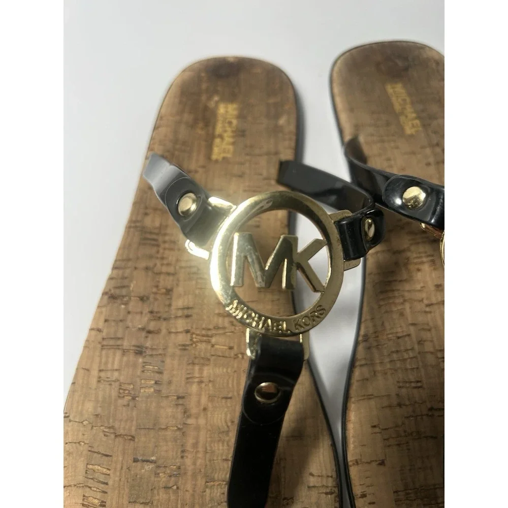 Michael‎ Kors Charm Jelly Women Thong Sandals Red Gold MK Logo Cork PVC Sz 10 M